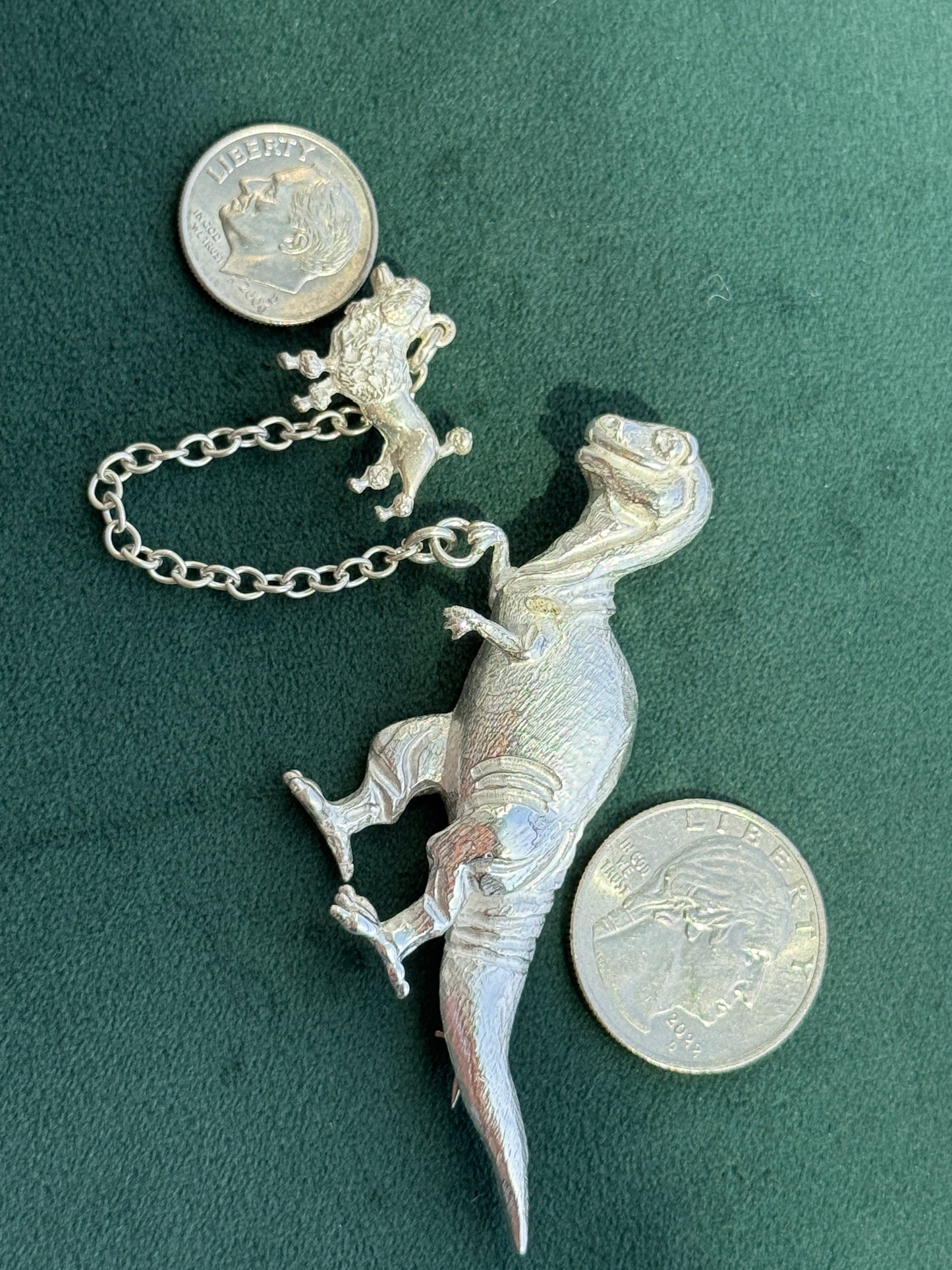 Vintage Sterling Silver T-Rex Brooch Walking a Poodle on a Chain Leash Rare Signed Dinosaur and Dog Novelty Pin Set