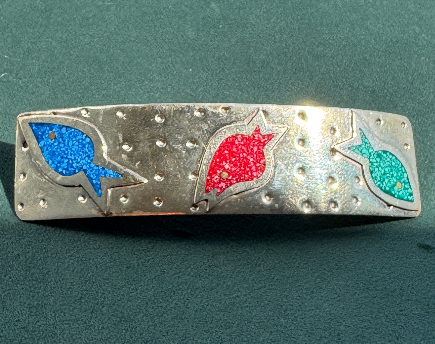 Vintage Salsa Designs Mexican Silver Fish Hair Clip Crushed Turquoise and Malachite Inlay Four Inches of Whimsy