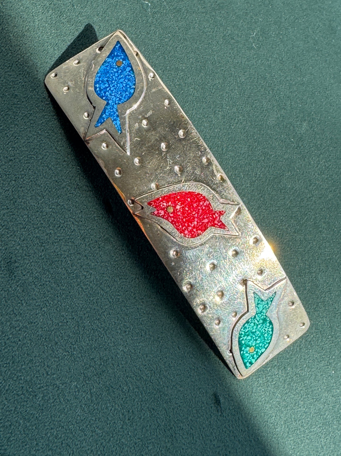 Vintage Salsa Designs Mexican Silver Fish Hair Clip Crushed Turquoise and Malachite Inlay Four Inches of Whimsy