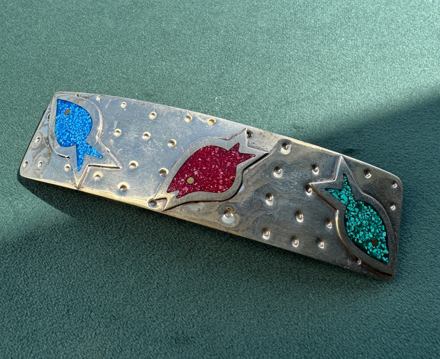 Vintage Salsa Designs Mexican Silver Fish Hair Clip Crushed Turquoise and Malachite Inlay Four Inches of Whimsy