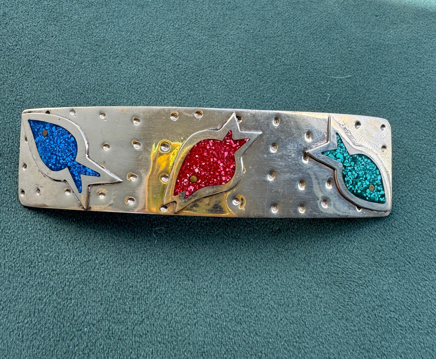 Vintage Salsa Designs Mexican Silver Fish Hair Clip Crushed Turquoise and Malachite Inlay Four Inches of Whimsy