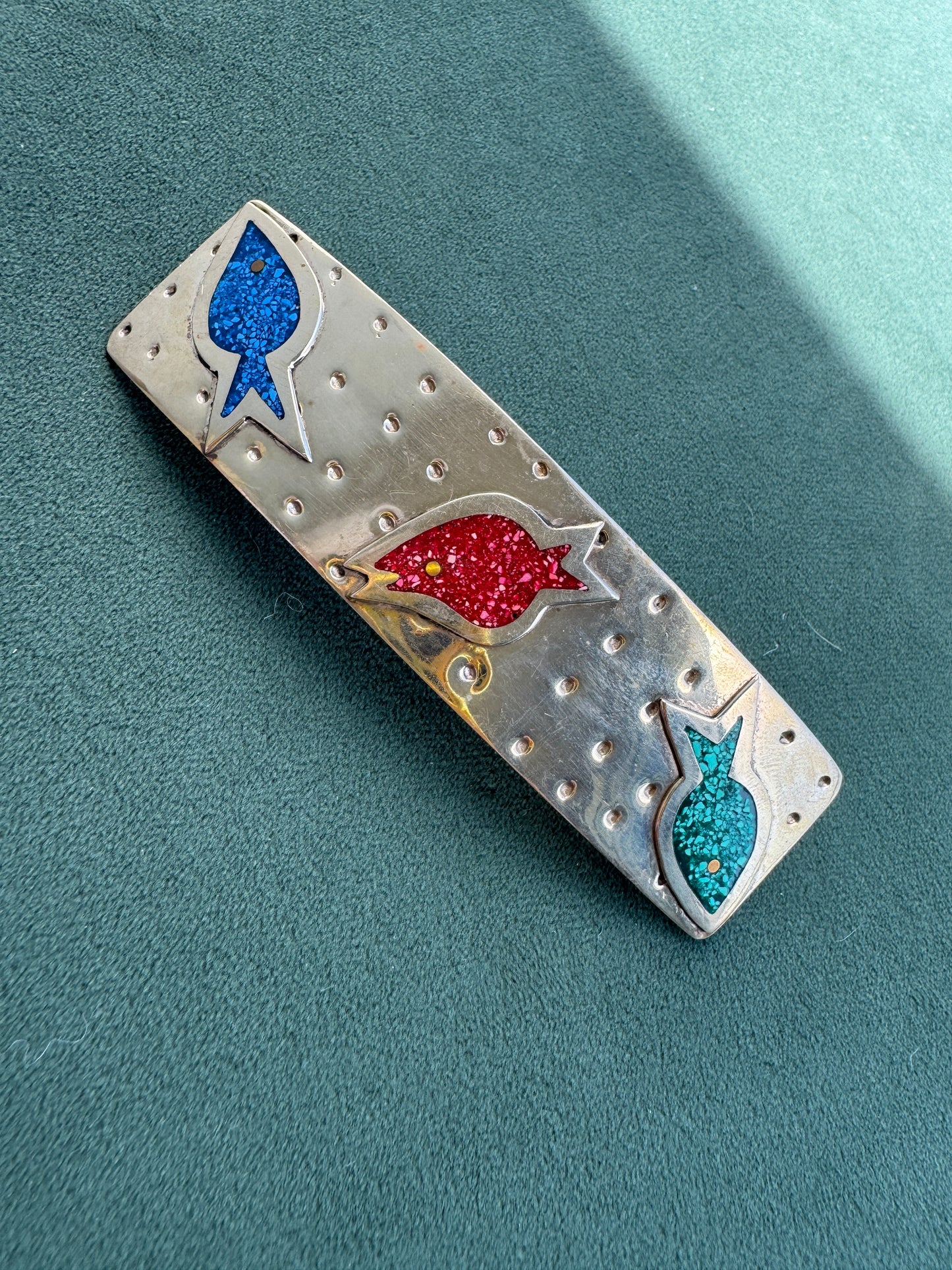 Vintage Salsa Designs Mexican Silver Fish Hair Clip Crushed Turquoise and Malachite Inlay Four Inches of Whimsy