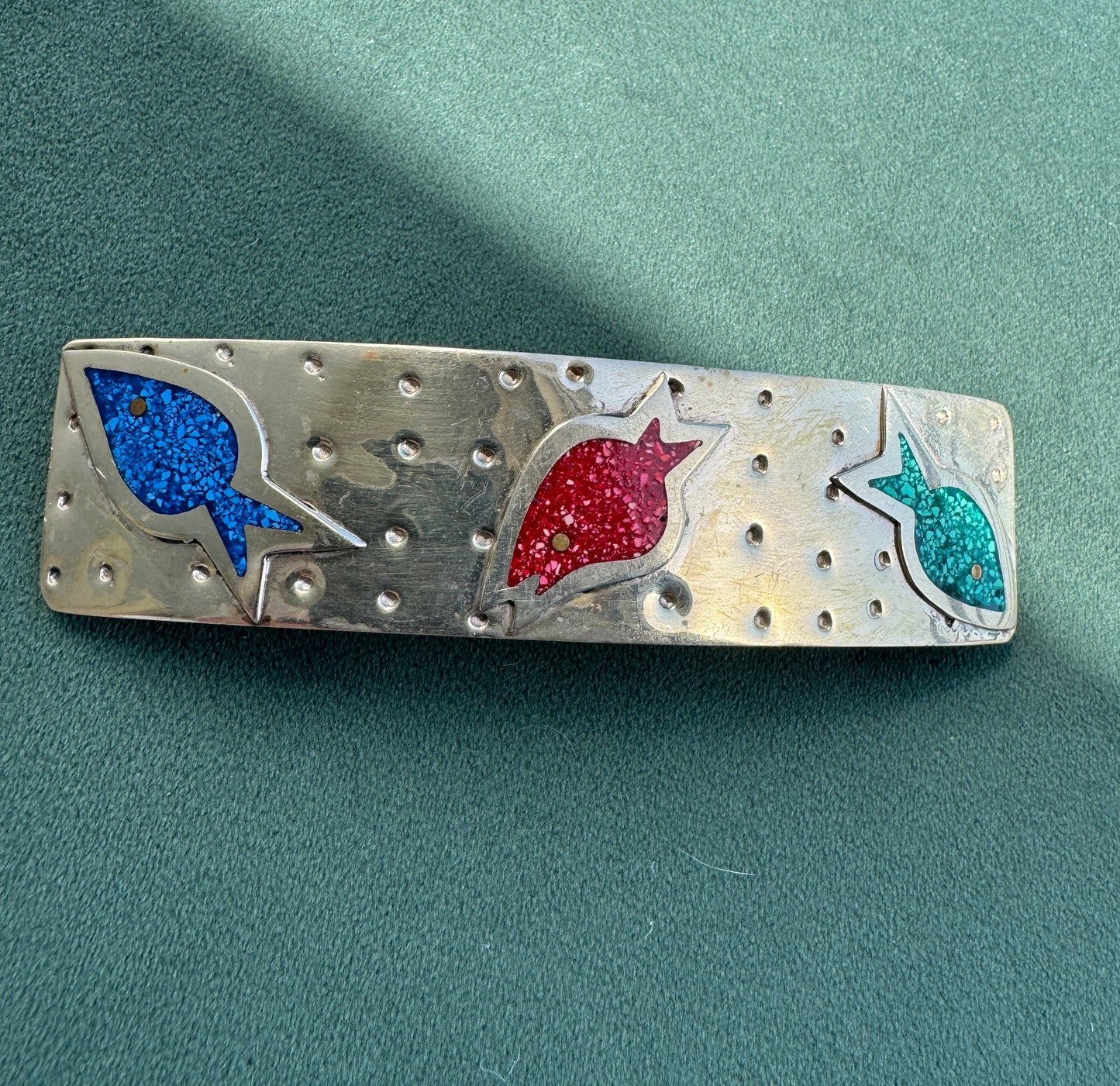 Vintage Salsa Designs Mexican Silver Fish Hair Clip Crushed Turquoise and Malachite Inlay Four Inches of Whimsy