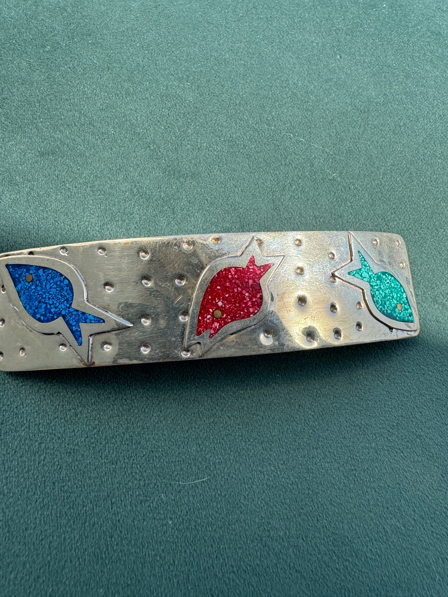 Vintage Salsa Designs Mexican Silver Fish Hair Clip Crushed Turquoise and Malachite Inlay Four Inches of Whimsy