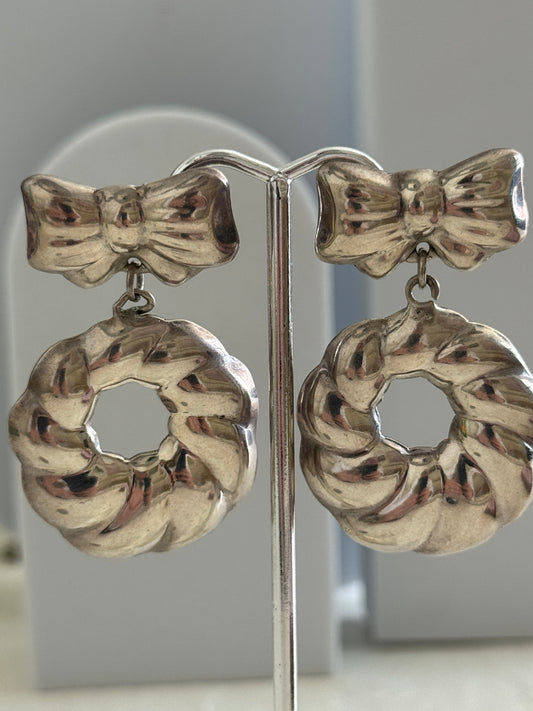 Estate Vintage Mexican Sterling Silver Bow Shrimp Hoop Earrings TV-52 Marked 925 Mexico