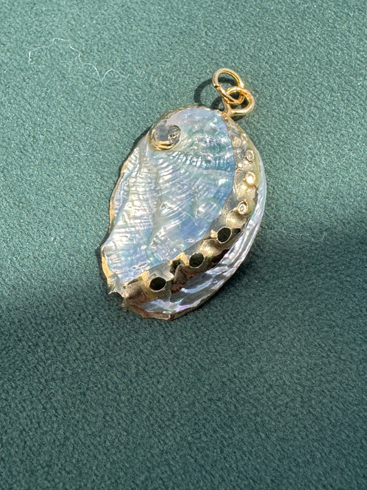 Vintage Gold Trimmed Genuine Abalone Shell Pendant Iridescent Blue and Green Natural Statement Piece