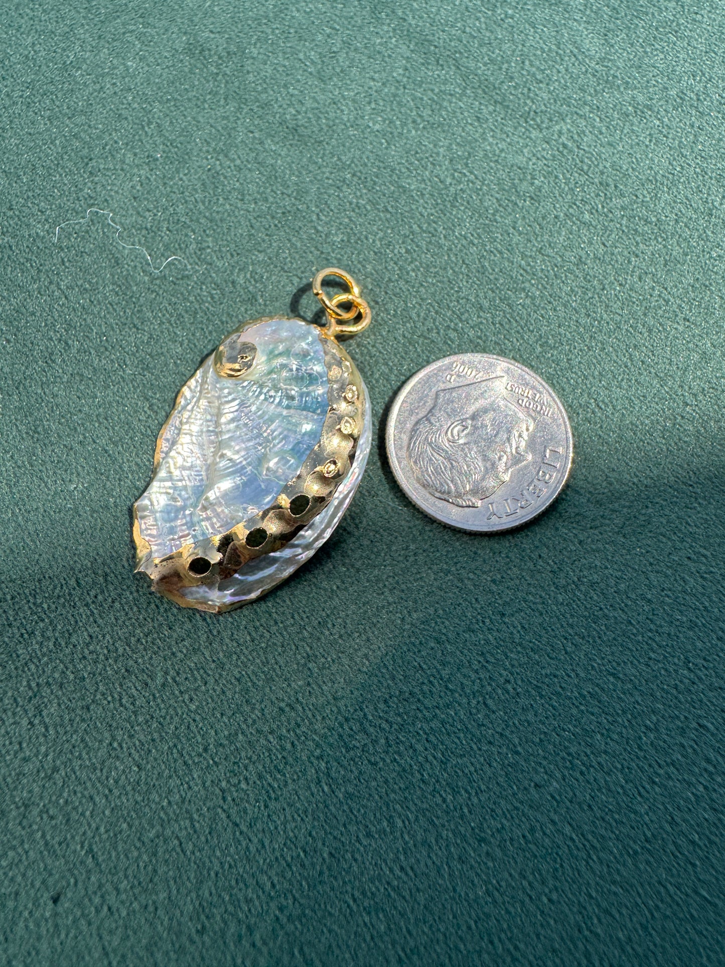 Vintage Gold Trimmed Genuine Abalone Shell Pendant Iridescent Blue and Green Natural Statement Piece
