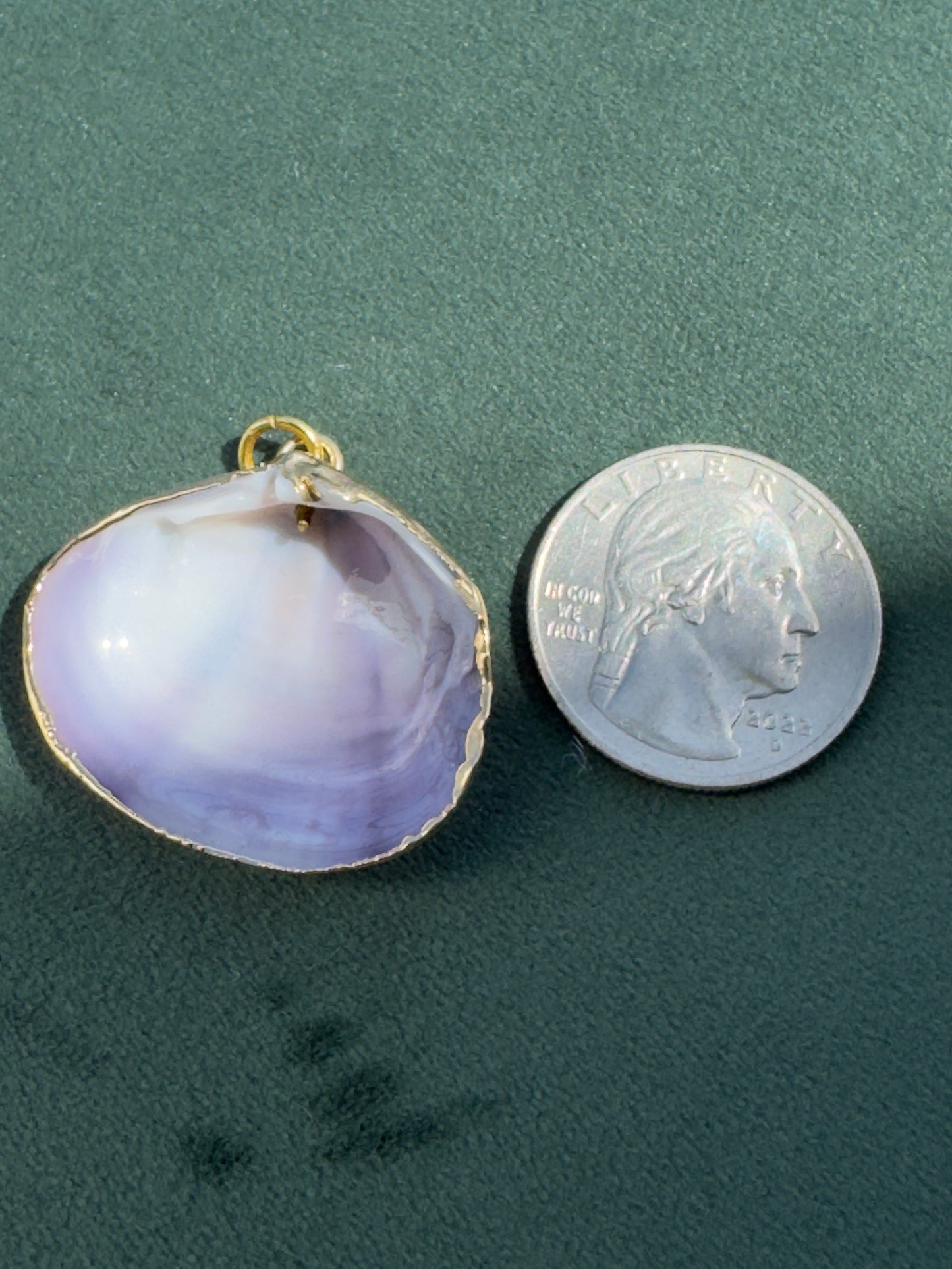 Vintage Gold Trimmed Genuine Quahog Shell Pendant Deep Lavender Natural Banding Beach Jewelry