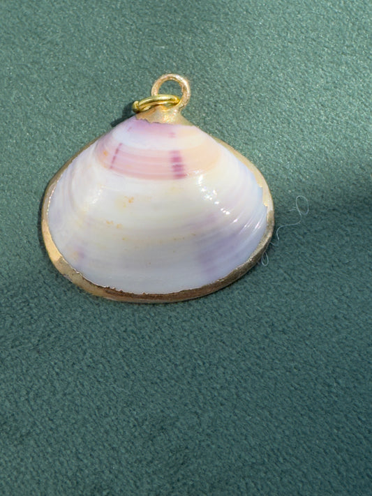 Vintage Gold Trimmed Genuine Quahog Shell Pendant Soft Pink and Mauve Natural Banding Beach Jewelry