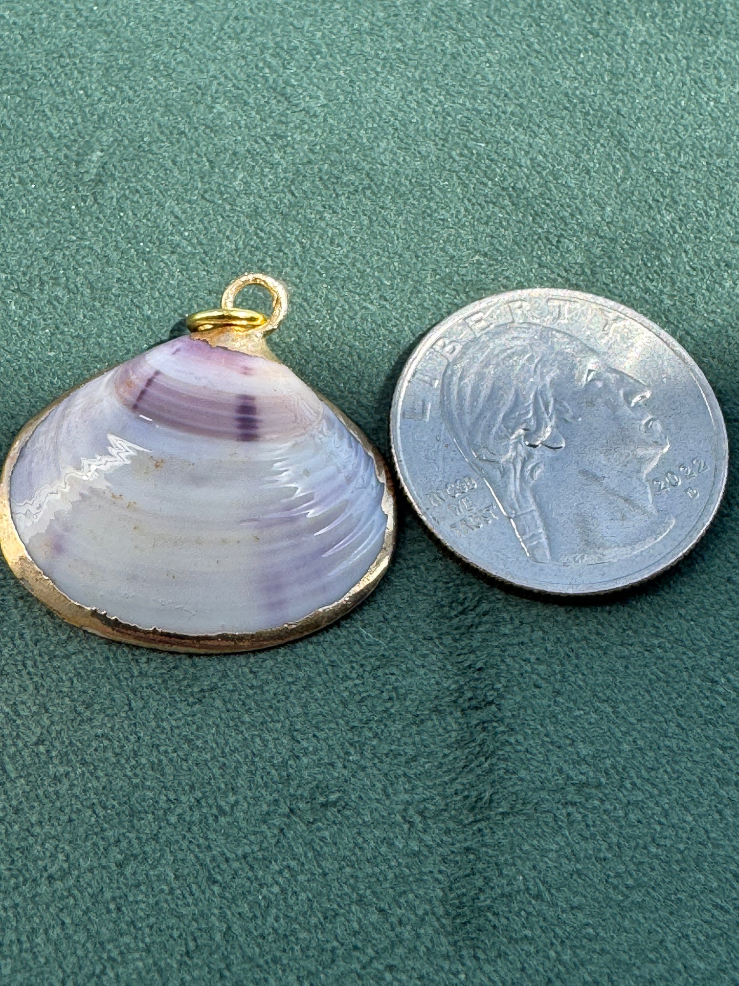 Vintage Gold Trimmed Genuine Quahog Shell Pendant Soft Pink and Mauve Natural Banding Beach Jewelry