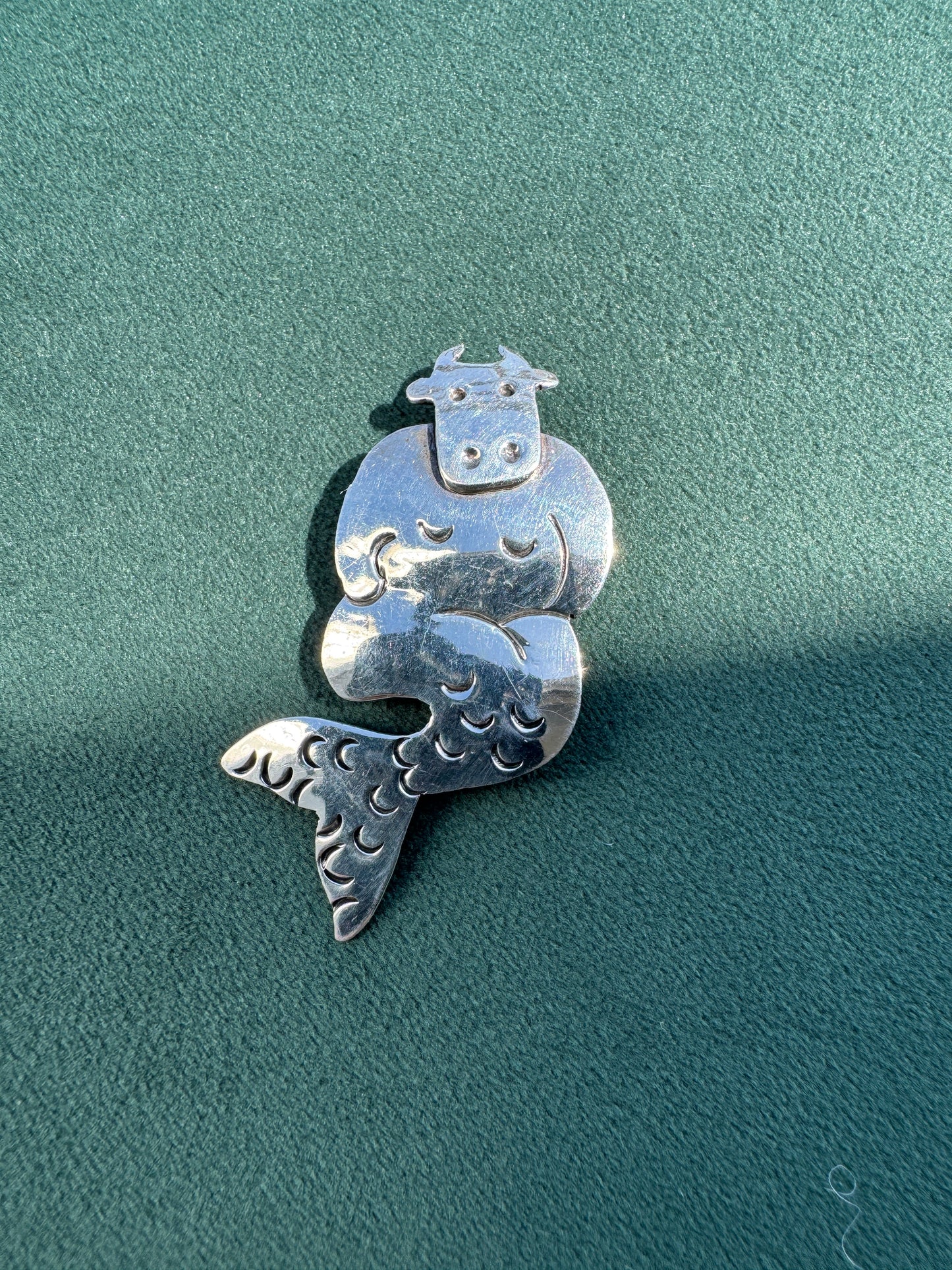 Estate Vintage 1990s Sterling Silver Far Fetched Cow Mermaid Brooch Signed Modernist Figural Pin A Very Far Fetched Piece of Mermaid Life