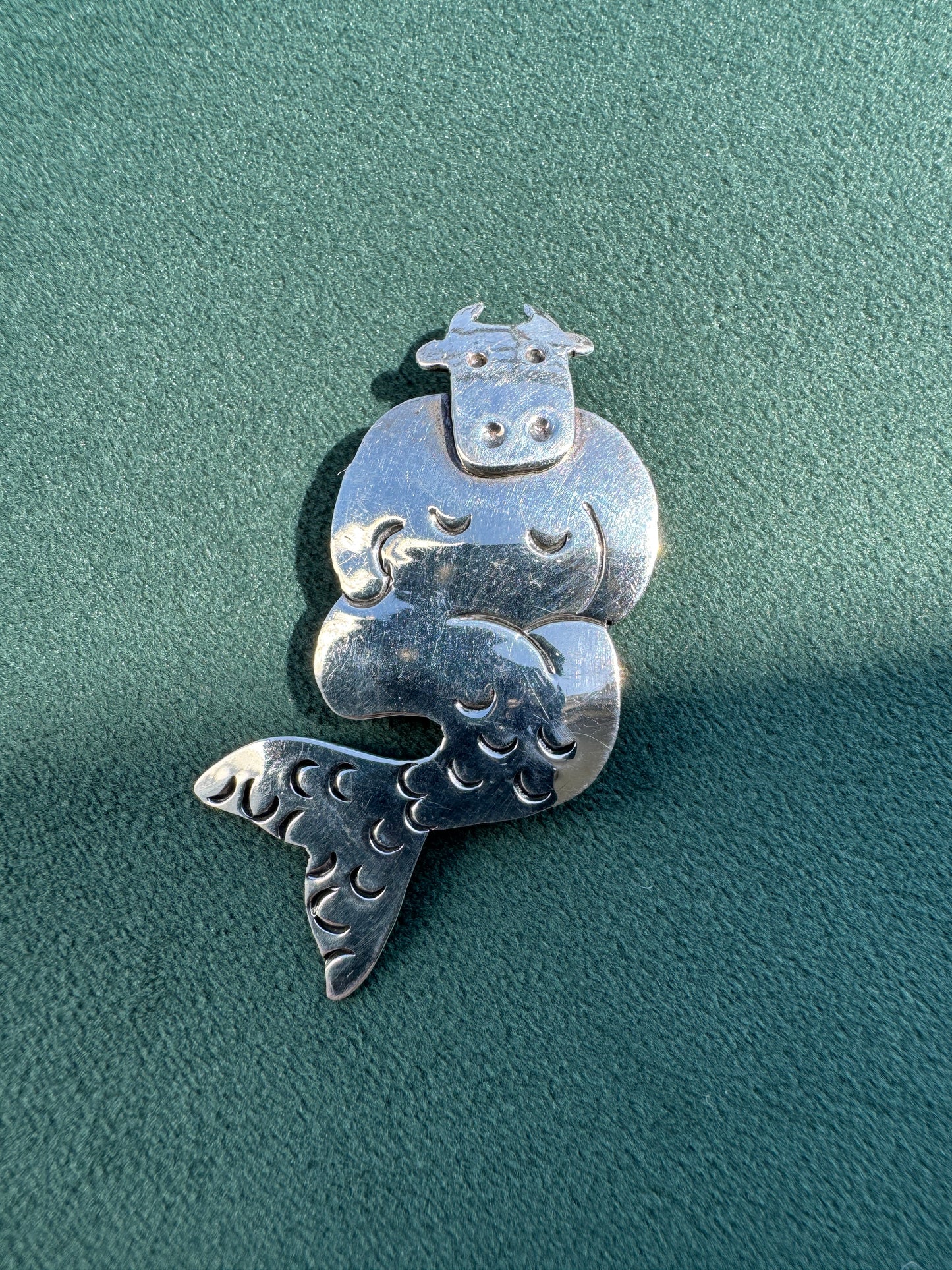 Estate Vintage 1990s Sterling Silver Far Fetched Cow Mermaid Brooch Signed Modernist Figural Pin A Very Far Fetched Piece of Mermaid Life