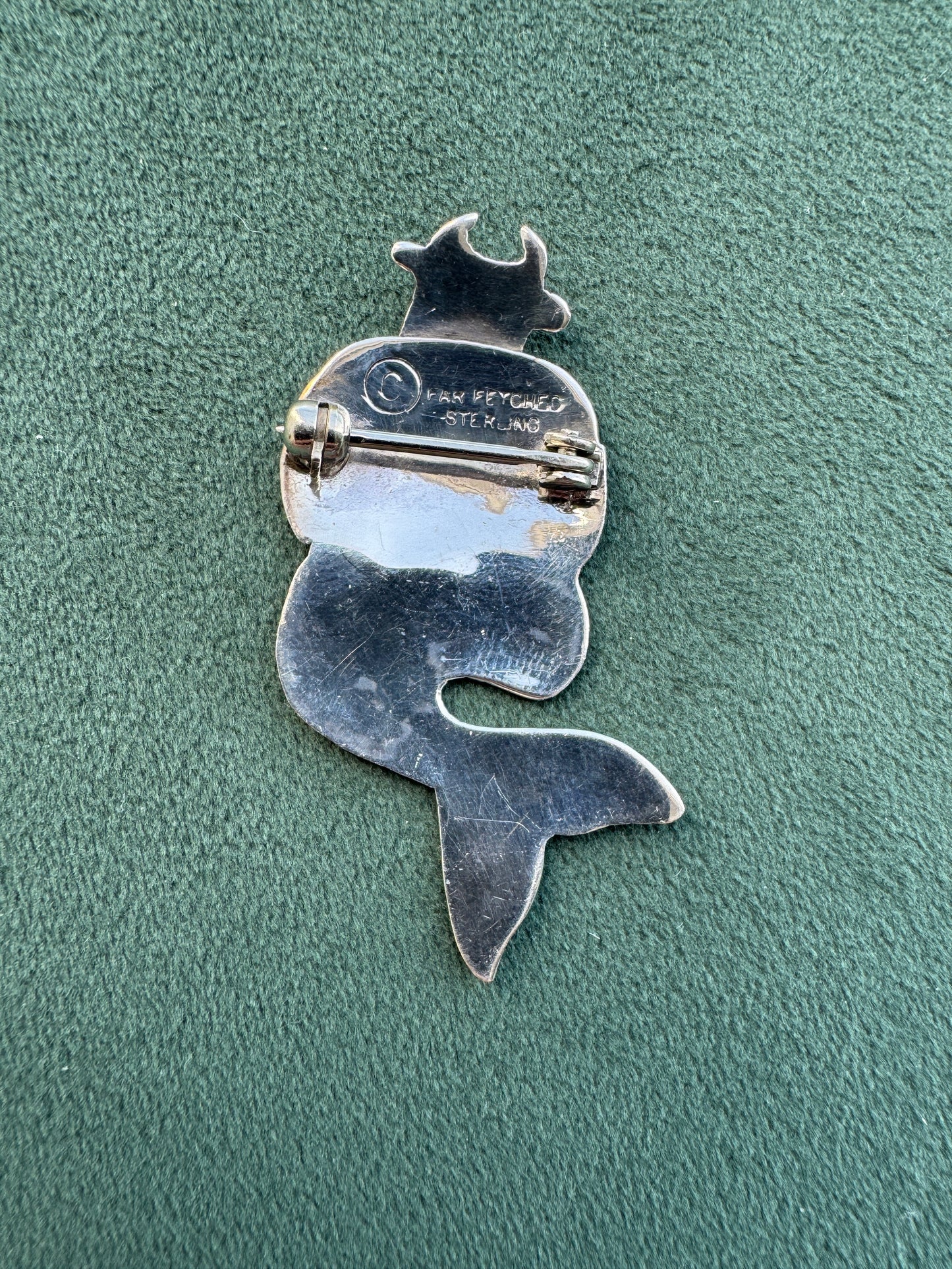 Estate Vintage 1990s Sterling Silver Far Fetched Cow Mermaid Brooch Signed Modernist Figural Pin A Very Far Fetched Piece of Mermaid Life