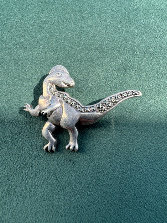 Vintage Sterling Silver Marcasite Raptor Brooch Signed SW Dinosaur Pin With Sparkle Down Its Spine