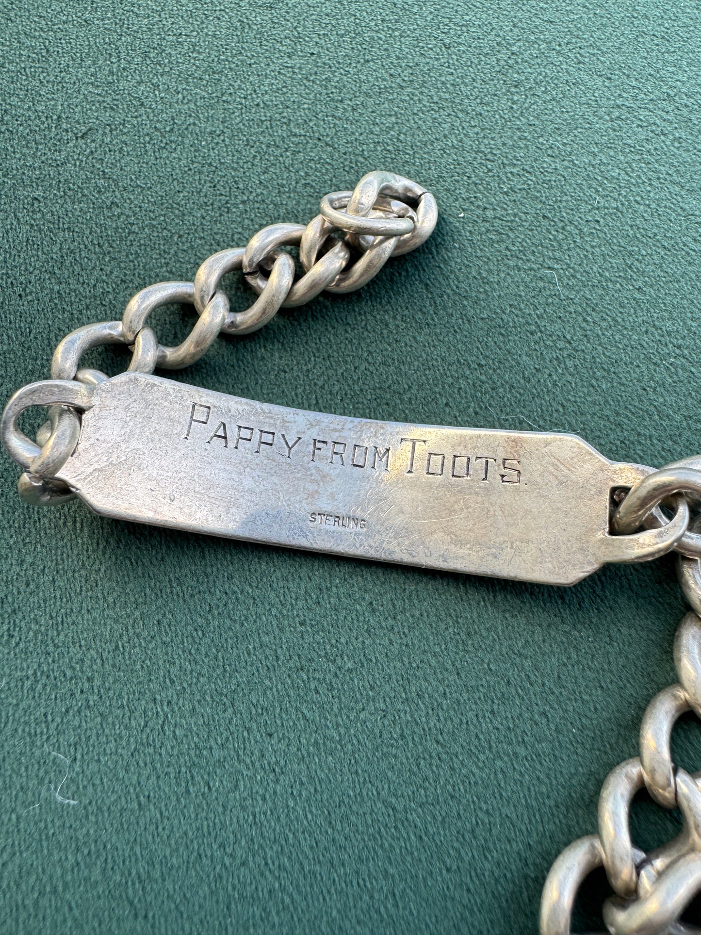 Estate Vintage 1950s Sterling Silver Curb Link ID Bracelet Engraved Pappy From Toots Heavy 36 Gram Statement Piece