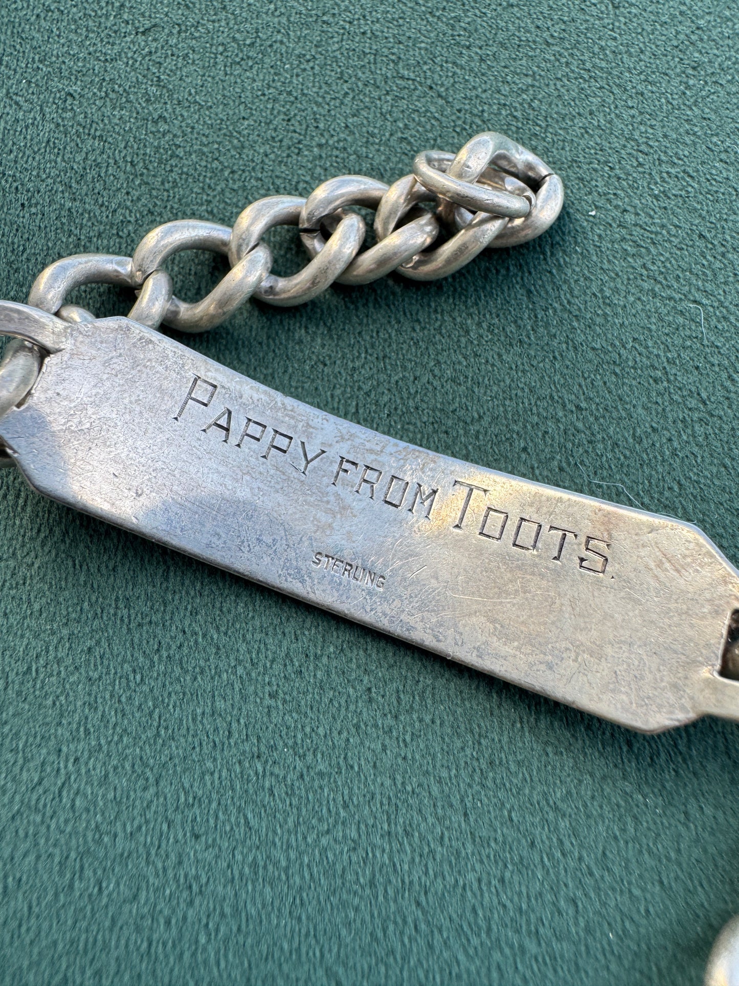 Estate Vintage 1950s Sterling Silver Curb Link ID Bracelet Engraved Pappy From Toots Heavy 36 Gram Statement Piece