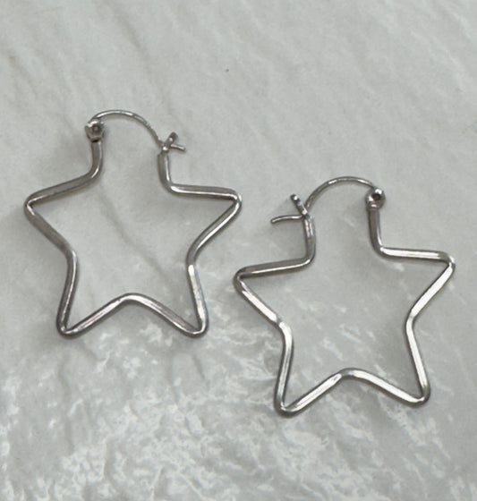 Estate Vintage Sterling Silver Star Hoop Earrings 925 Southwestern Style Statement Hoops