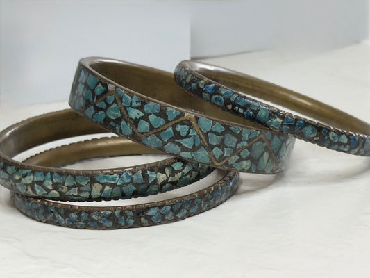 Estate Vintage 1950s Indian Turquoise Mosaic Inlay Brass Bangle Bracelet Set Mid Century