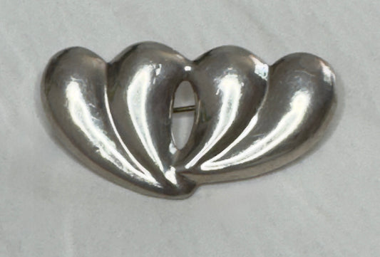 Estate Sterling Silver Double Hearts Brooch - Mexican 925 Silver Pin Romantic Jewelry