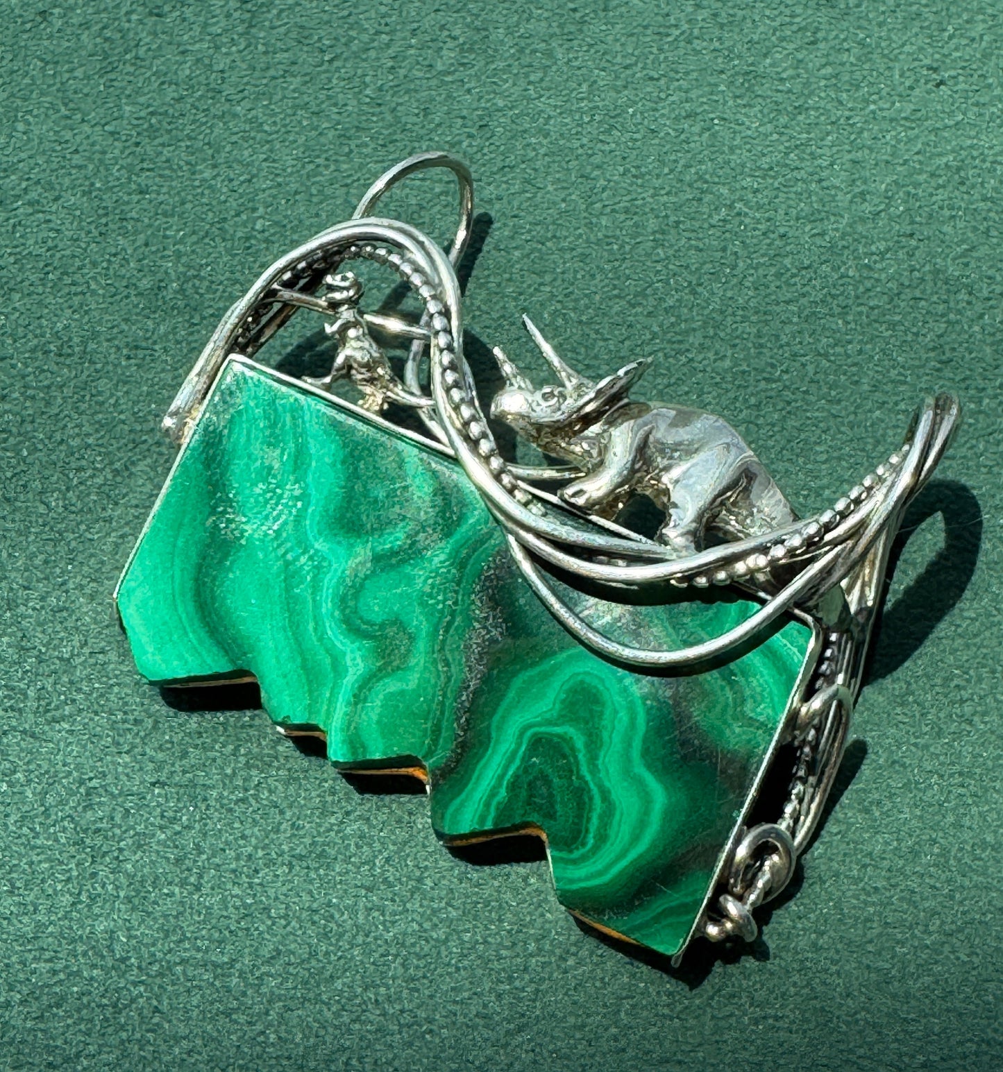 Estate Vintage Sterling Silver Great Falls Metal Works Triceratops Malachite Brooch & Pendant A Prehistoric Scene You Can Actually Wear