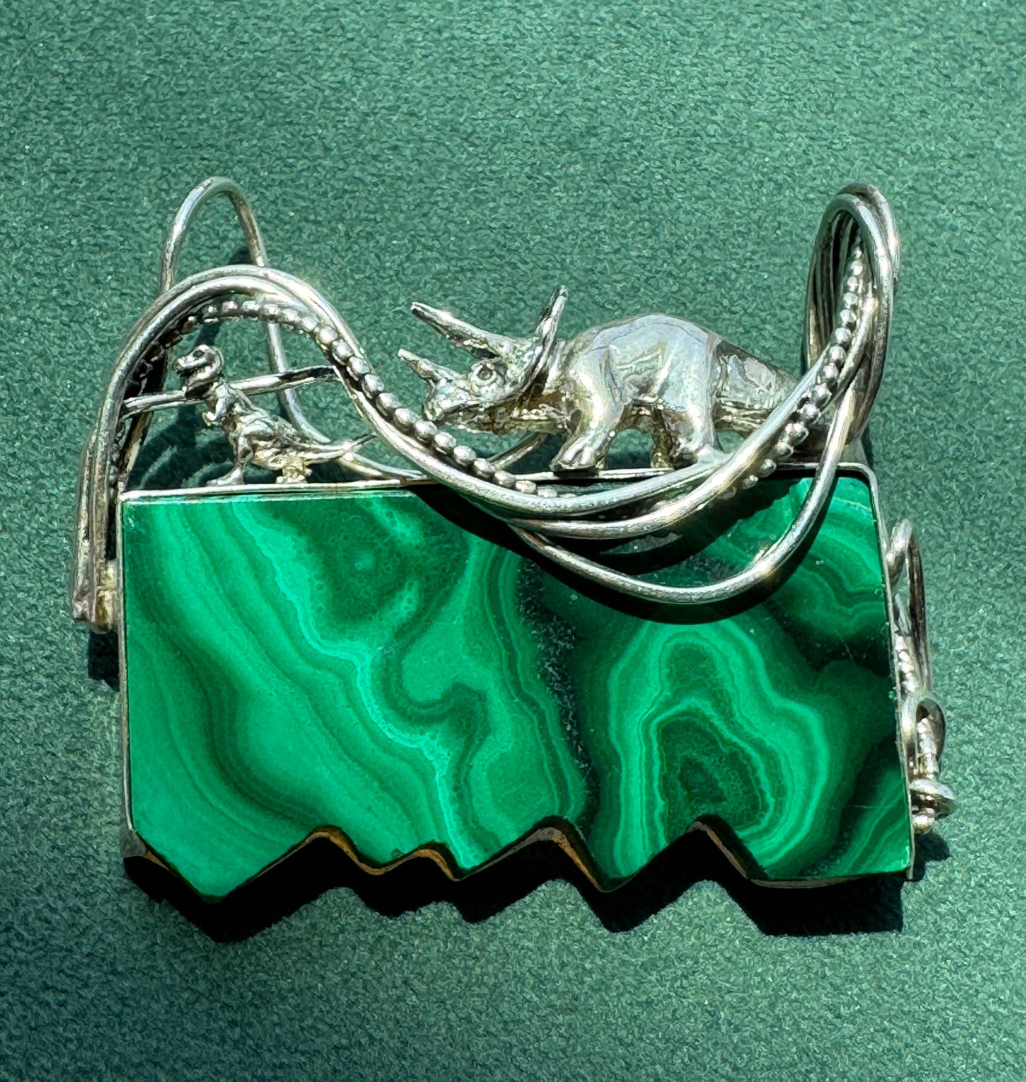 Estate Vintage Sterling Silver Great Falls Metal Works Triceratops Malachite Brooch & Pendant A Prehistoric Scene You Can Actually Wear