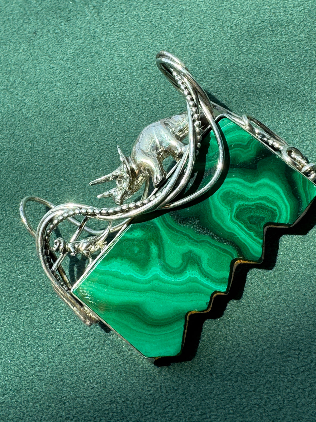 Estate Vintage Sterling Silver Great Falls Metal Works Triceratops Malachite Brooch & Pendant A Prehistoric Scene You Can Actually Wear
