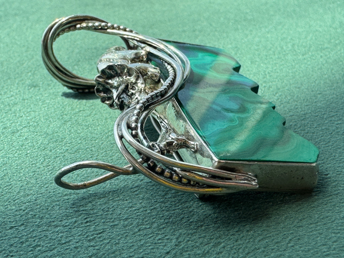 Estate Vintage Sterling Silver Great Falls Metal Works Triceratops Malachite Brooch & Pendant A Prehistoric Scene You Can Actually Wear
