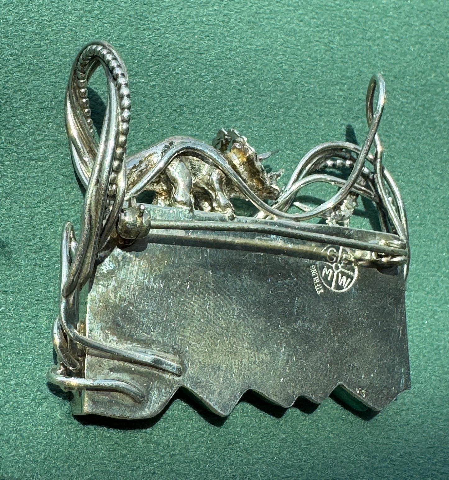 Estate Vintage Sterling Silver Great Falls Metal Works Triceratops Malachite Brooch & Pendant A Prehistoric Scene You Can Actually Wear