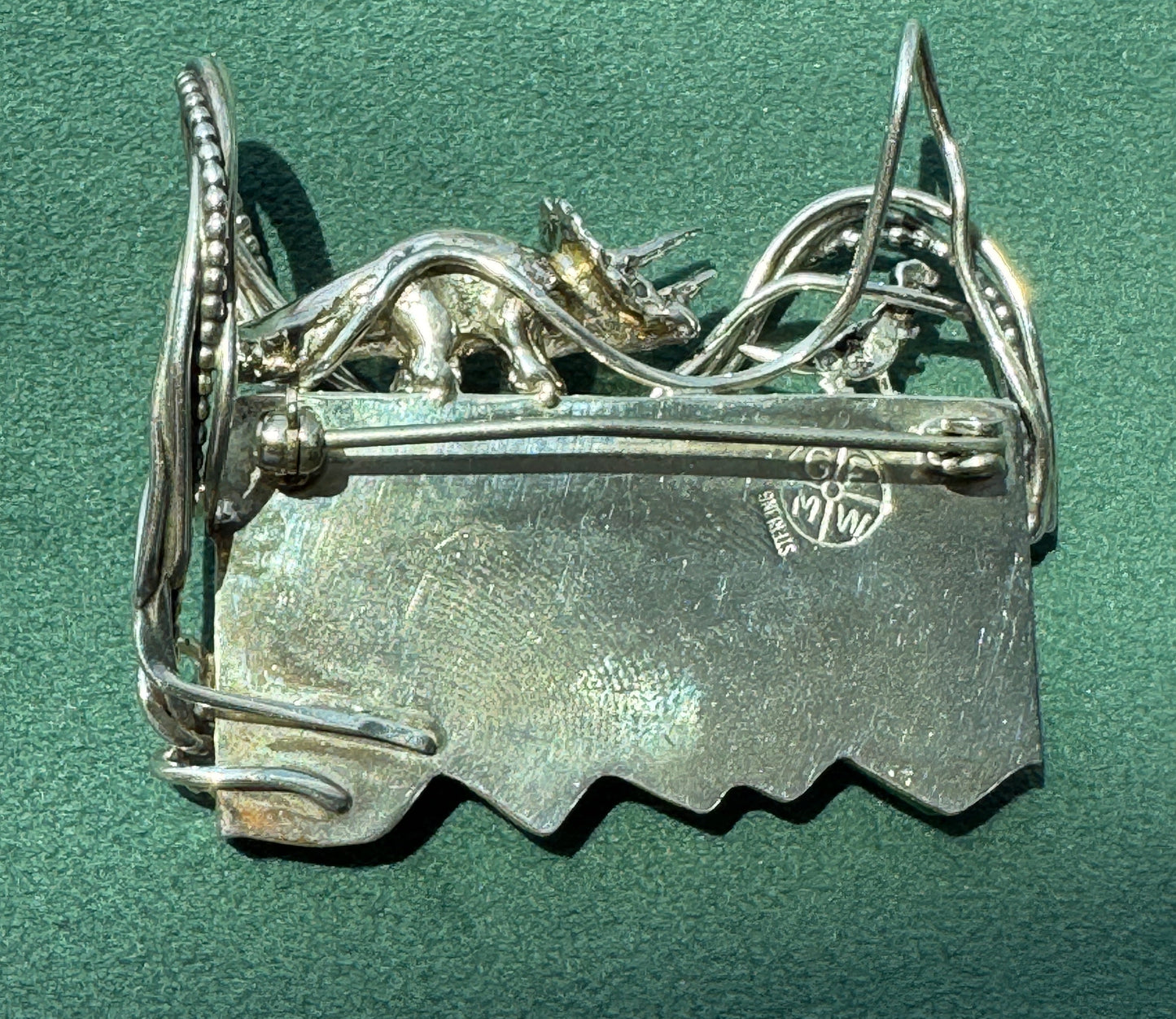 Estate Vintage Sterling Silver Great Falls Metal Works Triceratops Malachite Brooch & Pendant A Prehistoric Scene You Can Actually Wear