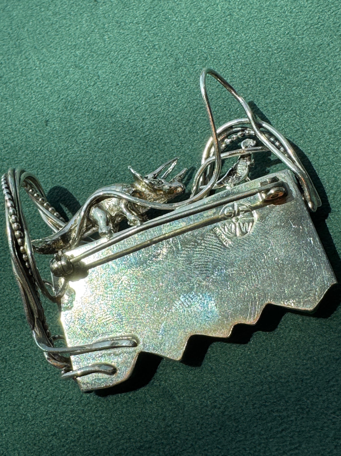 Estate Vintage Sterling Silver Great Falls Metal Works Triceratops Malachite Brooch & Pendant A Prehistoric Scene You Can Actually Wear