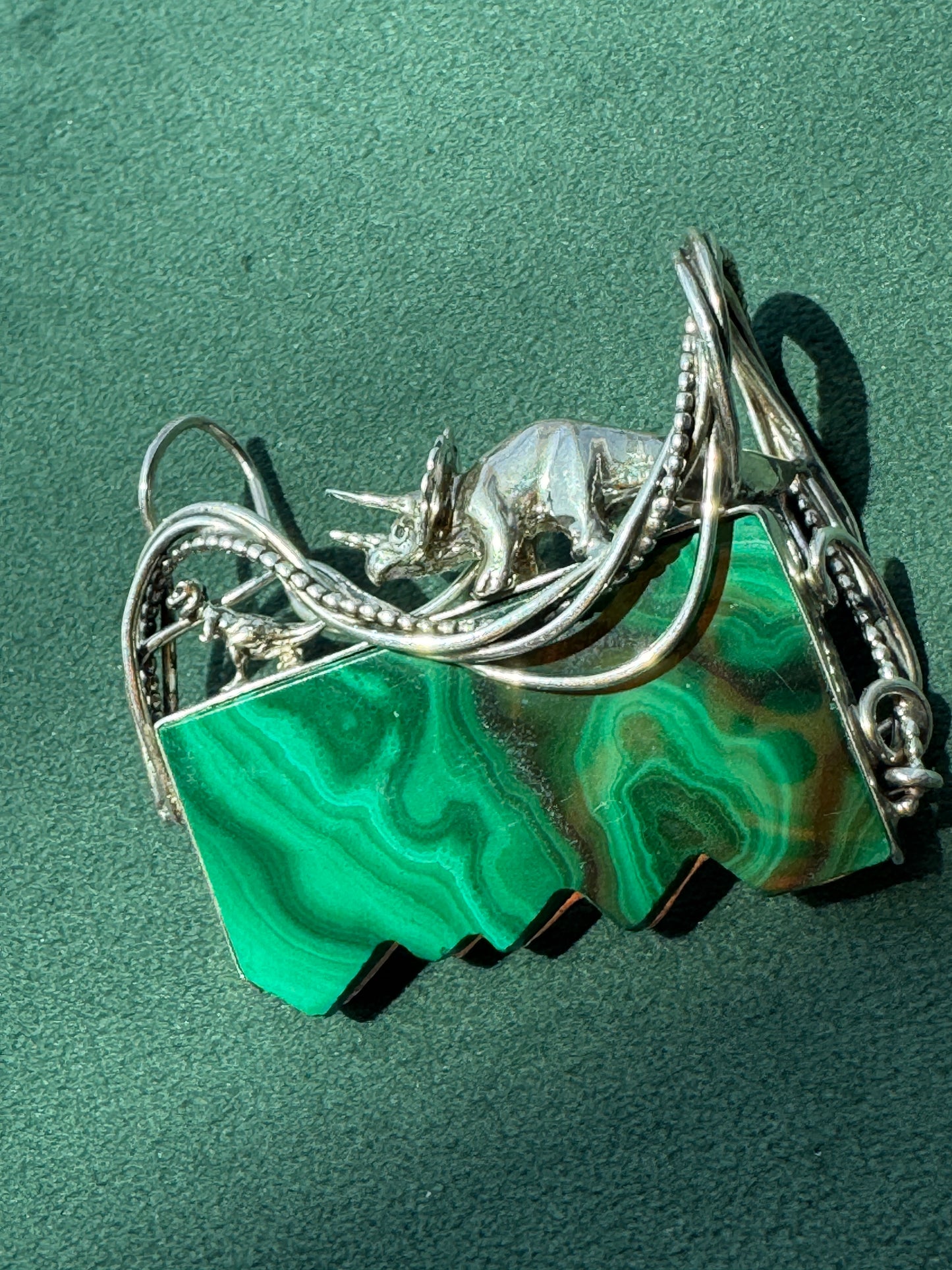 Estate Vintage Sterling Silver Great Falls Metal Works Triceratops Malachite Brooch & Pendant A Prehistoric Scene You Can Actually Wear