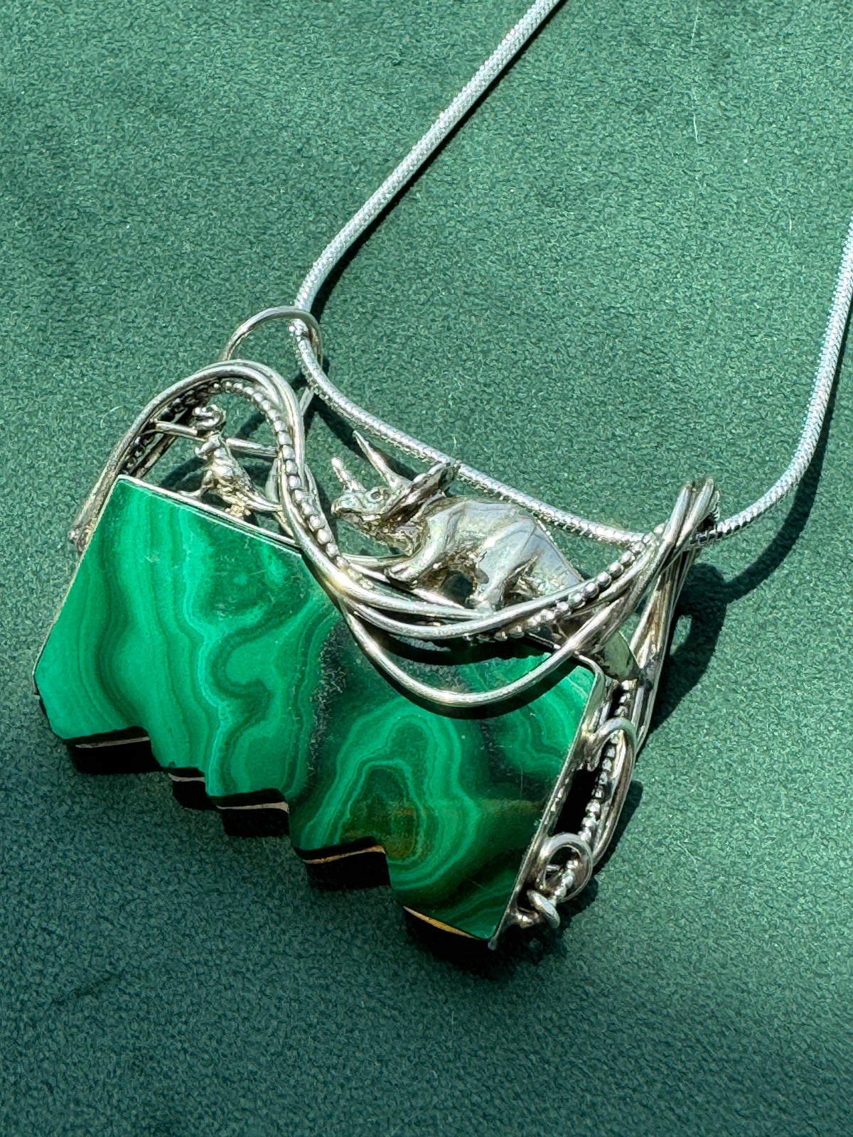 Estate Vintage Sterling Silver Great Falls Metal Works Triceratops Malachite Brooch & Pendant A Prehistoric Scene You Can Actually Wear