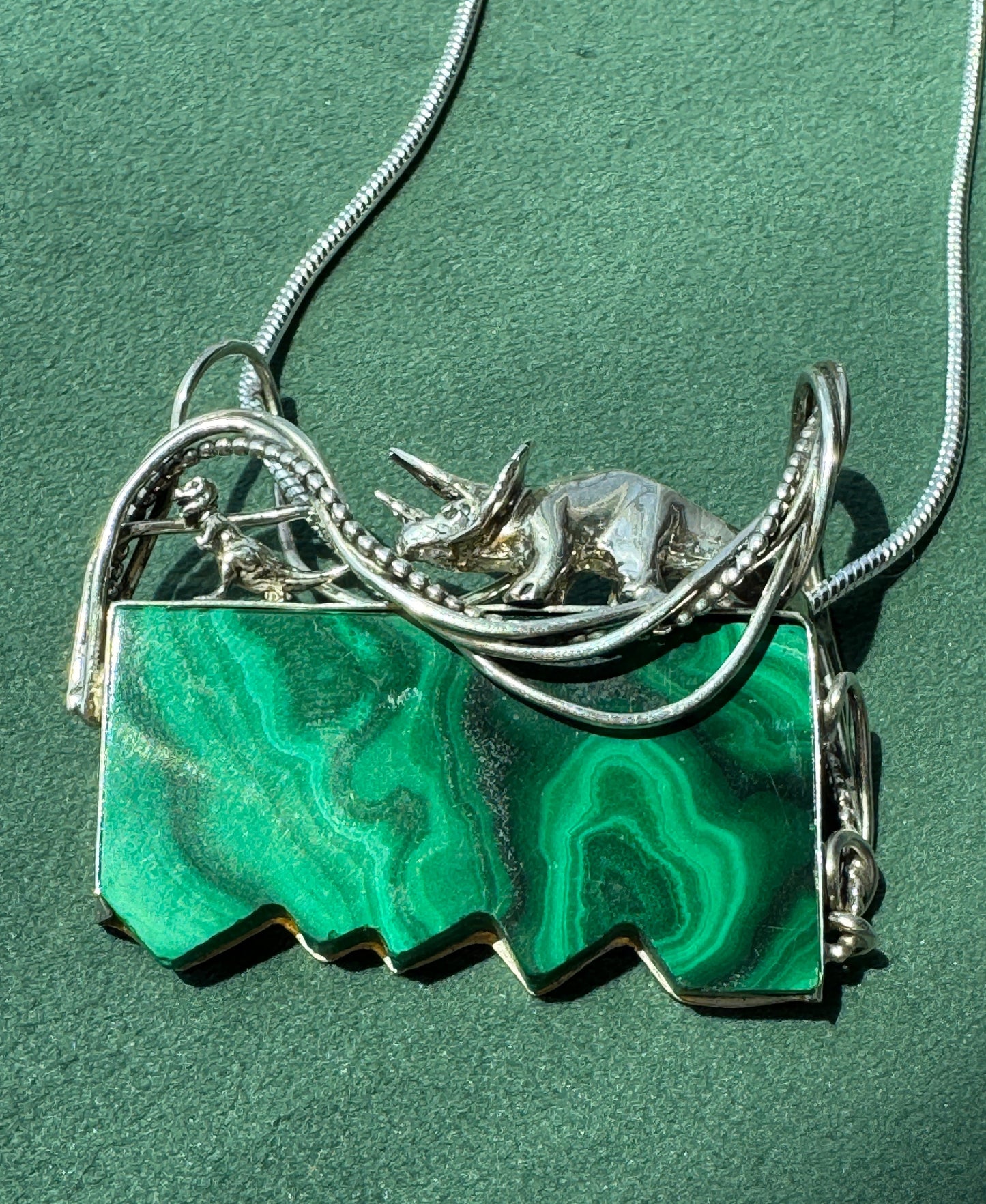 Estate Vintage Sterling Silver Great Falls Metal Works Triceratops Malachite Brooch & Pendant A Prehistoric Scene You Can Actually Wear