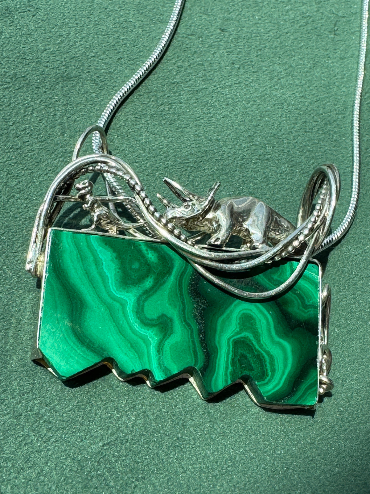 Estate Vintage Sterling Silver Great Falls Metal Works Triceratops Malachite Brooch & Pendant A Prehistoric Scene You Can Actually Wear