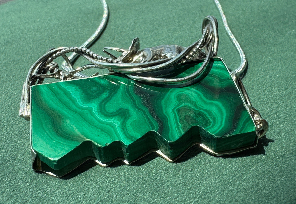 Estate Vintage Sterling Silver Great Falls Metal Works Triceratops Malachite Brooch & Pendant A Prehistoric Scene You Can Actually Wear