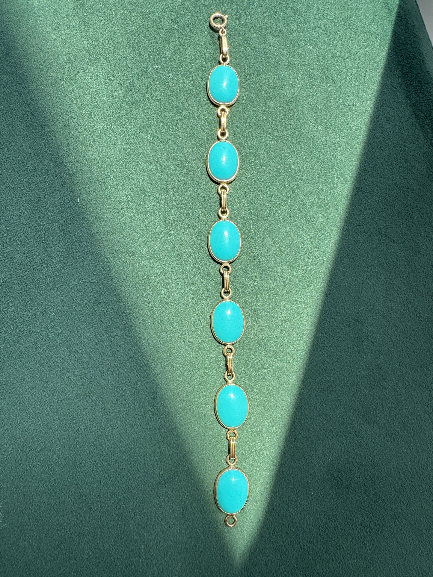 Estate Vintage 14K Gold Turquoise Cabochon Link Bracelet Six Stones That Do Not Do Subtle