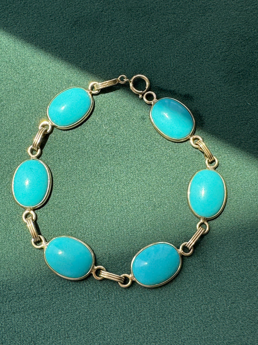 Estate Vintage 14K Gold Turquoise Cabochon Link Bracelet Six Stones That Do Not Do Subtle