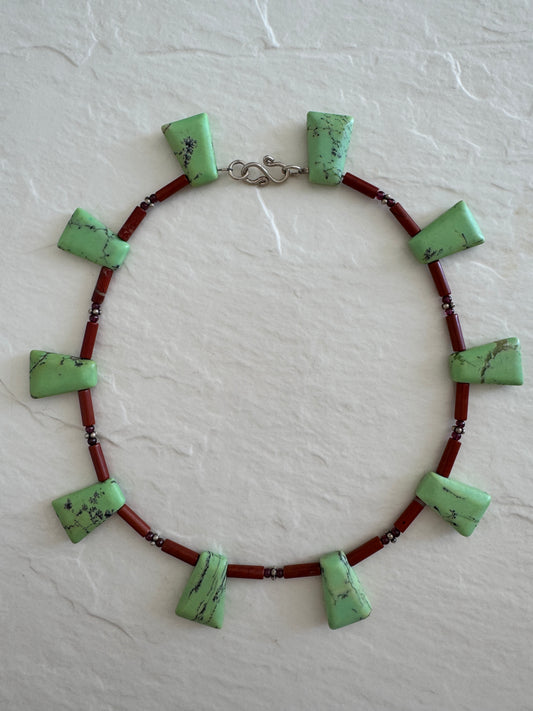 Vintage green aventurine garnet agate sterling silver beaded necklace with black matrix patterns and S-hook clasp from 1970s-80s
Shopify Tags:
vintage aventurine necklace, green aventurine jewelry, garnet necklace, vintage gemstone necklace, sterling silver necklace, 1970s jewelry, 1980s jewelry, bohemian necklace, New Age jewelry, metaphysical jewelry, crystal healing jewelry, vintage boho necklace, estate jewelry, vintage beaded necklace, aventurine garnet necklace, vintage stone necklace, hippie jewelry,