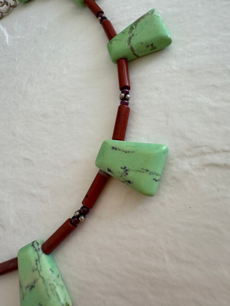 Vintage green aventurine garnet agate sterling silver beaded necklace with black matrix patterns and S-hook clasp from 1970s-80s
Shopify Tags:
vintage aventurine necklace, green aventurine jewelry, garnet necklace, vintage gemstone necklace, sterling silver necklace, 1970s jewelry, 1980s jewelry, bohemian necklace, New Age jewelry, metaphysical jewelry, crystal healing jewelry, vintage boho necklace, estate jewelry, vintage beaded necklace, aventurine garnet necklace, vintage stone necklace, hippie jewelry,