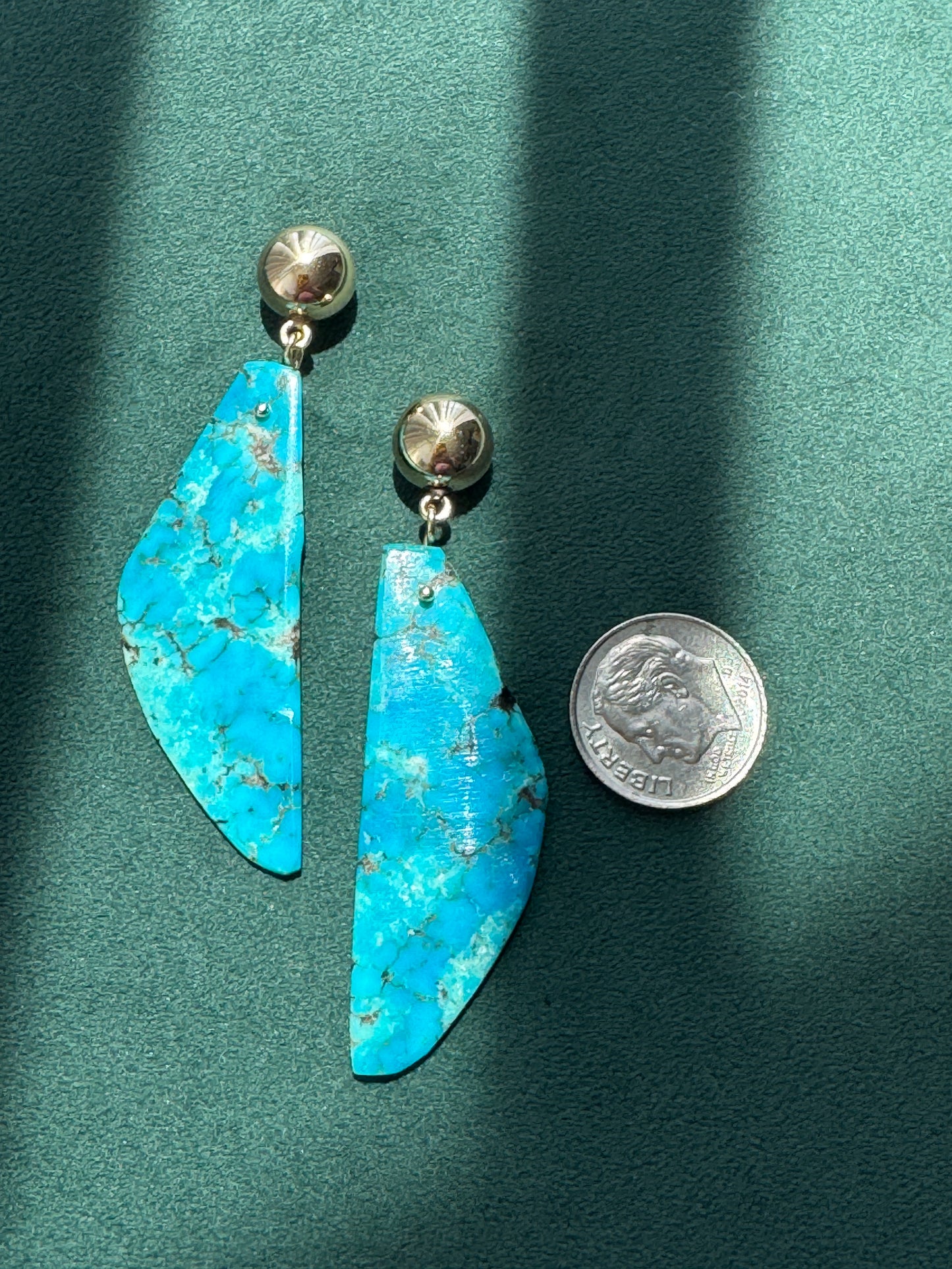 Estate Vintage 14K Gold Genuine Kingman Turquoise Modernist Slab Earrings Wearable Sculpture