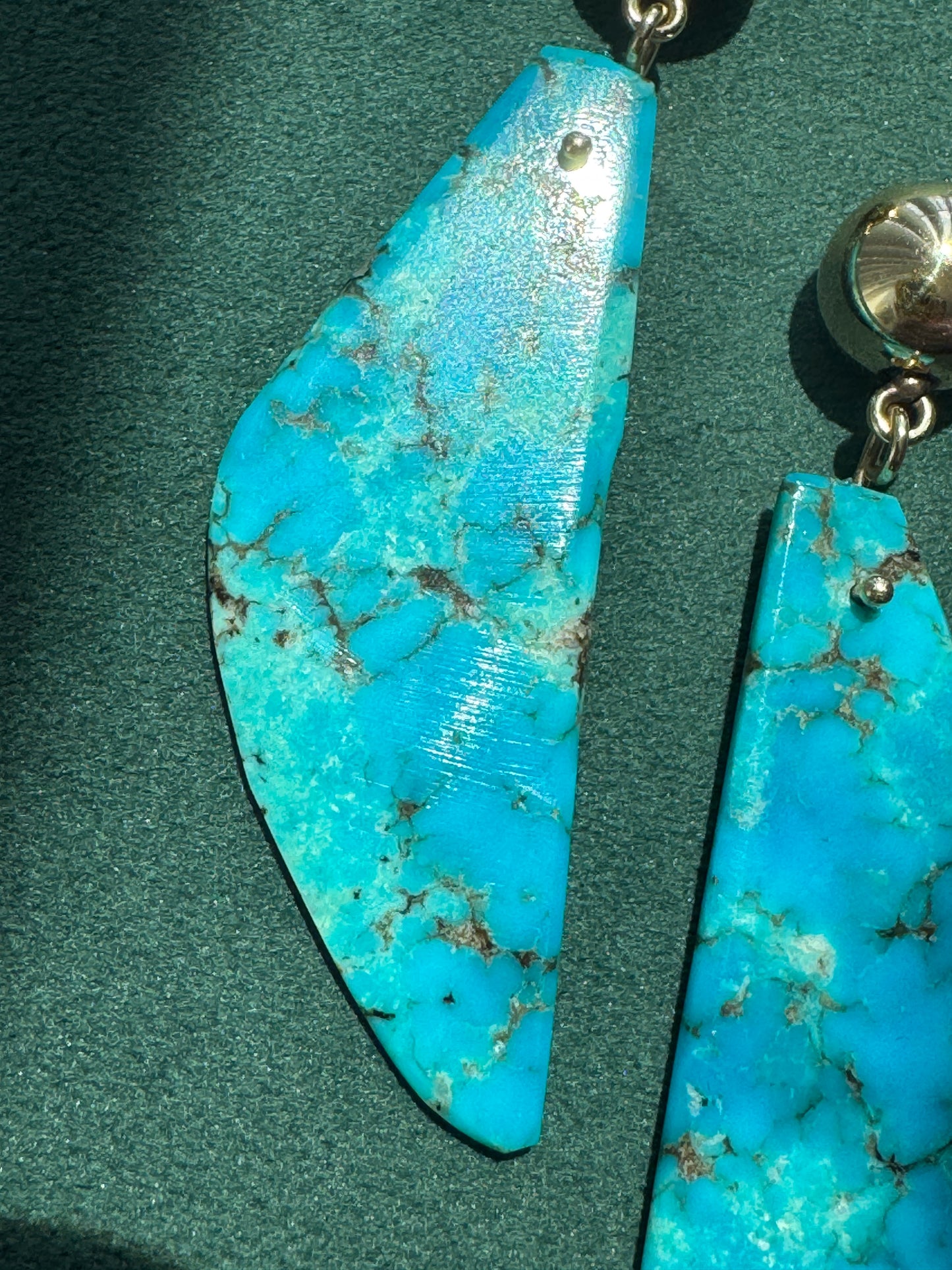 Estate Vintage 14K Gold Genuine Kingman Turquoise Modernist Slab Earrings Wearable Sculpture