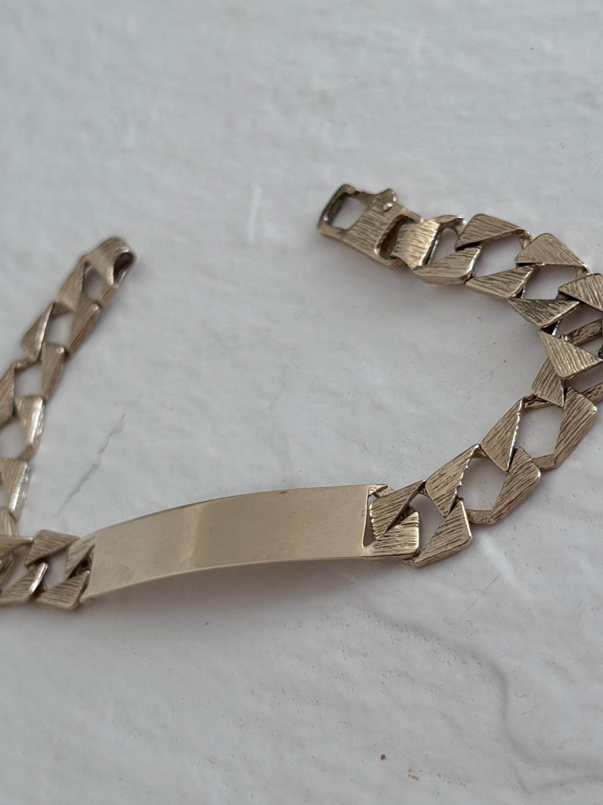 Estate 1970s 9ct yellow gold bark textured identity bracelet