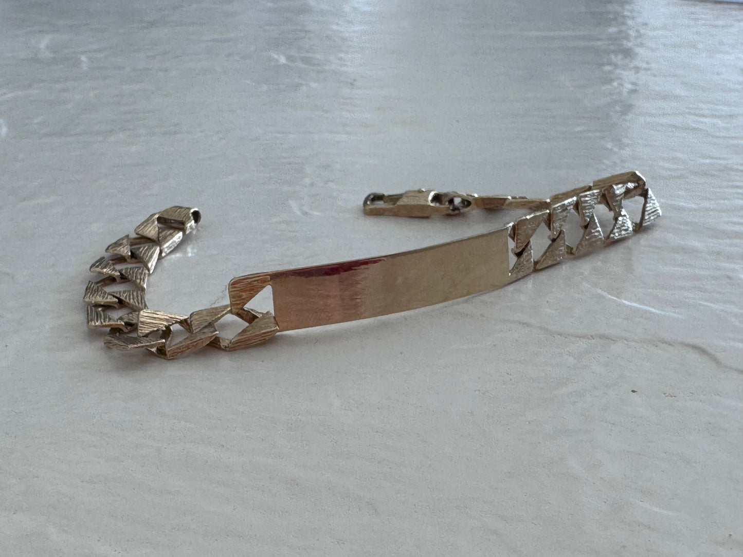 Estate 1970s 9ct yellow gold bark textured identity bracelet