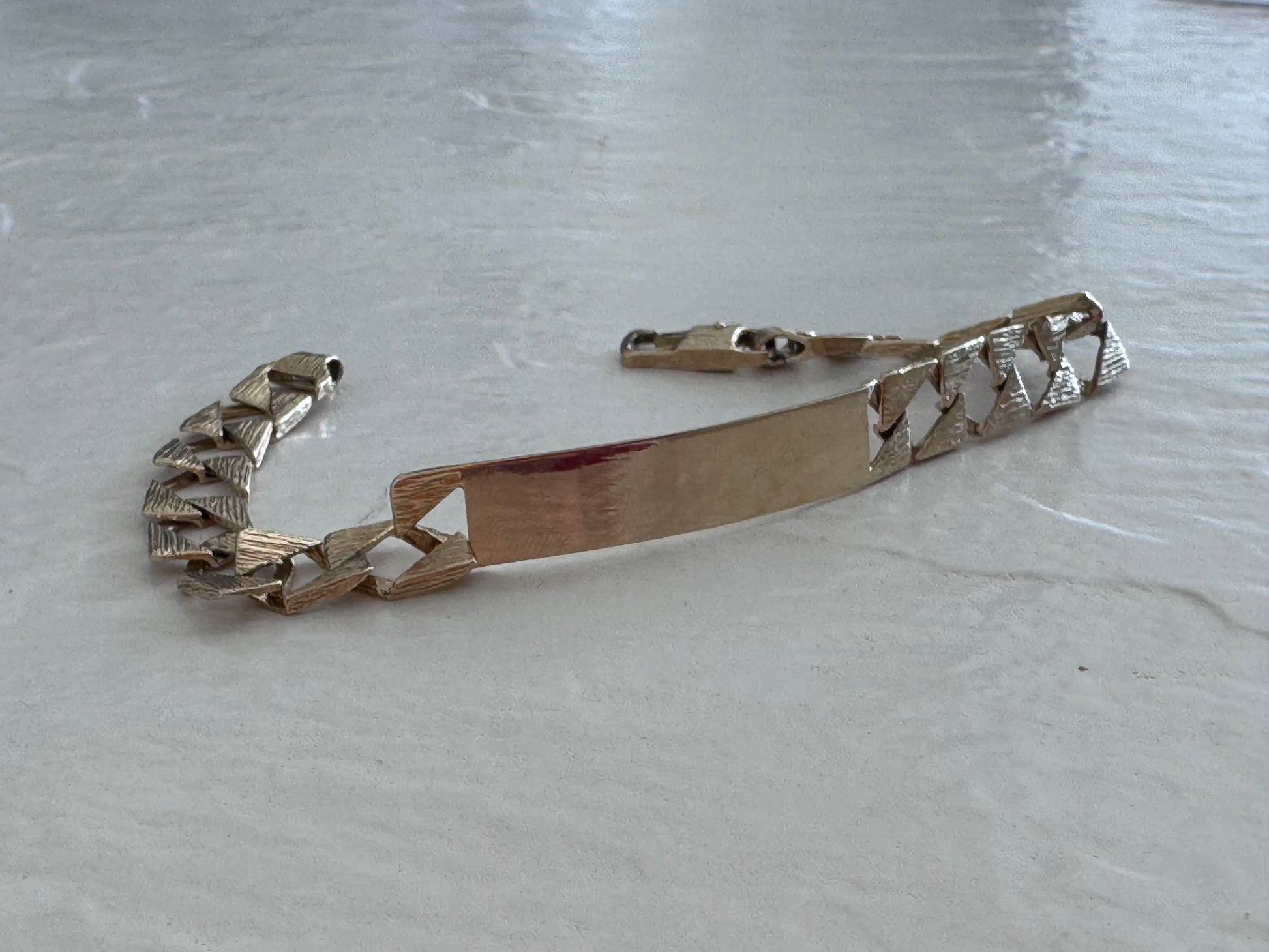 Estate 1970s 9ct yellow gold bark textured identity bracelet