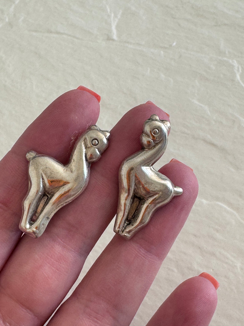 Estate Vintage Mexican Sterling Silver Llama Screwback Earrings Mexico Hallmarks