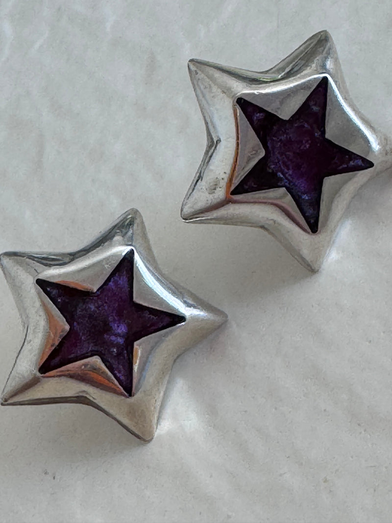 Estate Taxco Mexican sterling silver star earrings with deep purple enamel inlay, showing TD-89 workshop marking and dimensional construction