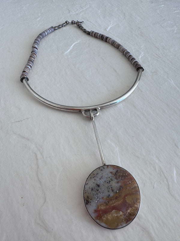 Estate Modernist Sterling Silver Dendritic Agate Pendant Necklace Natural Heshi Beads