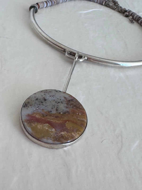 Estate Modernist Sterling Silver Dendritic Agate Pendant Necklace Natural Heshi Beads