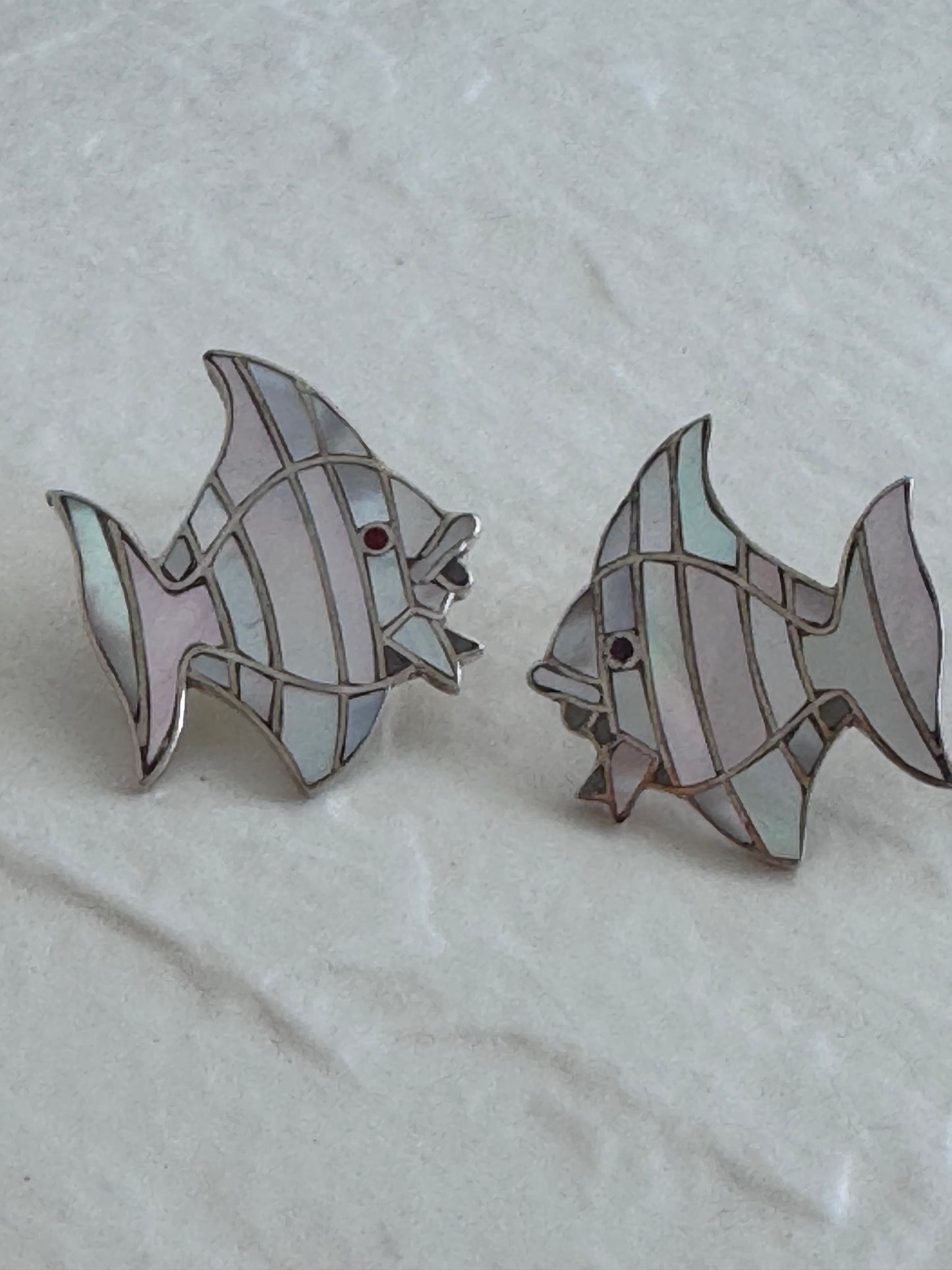 Vintage sterling silver angelfish brooches with mother of pearl mosaic inlay and red accent eyes