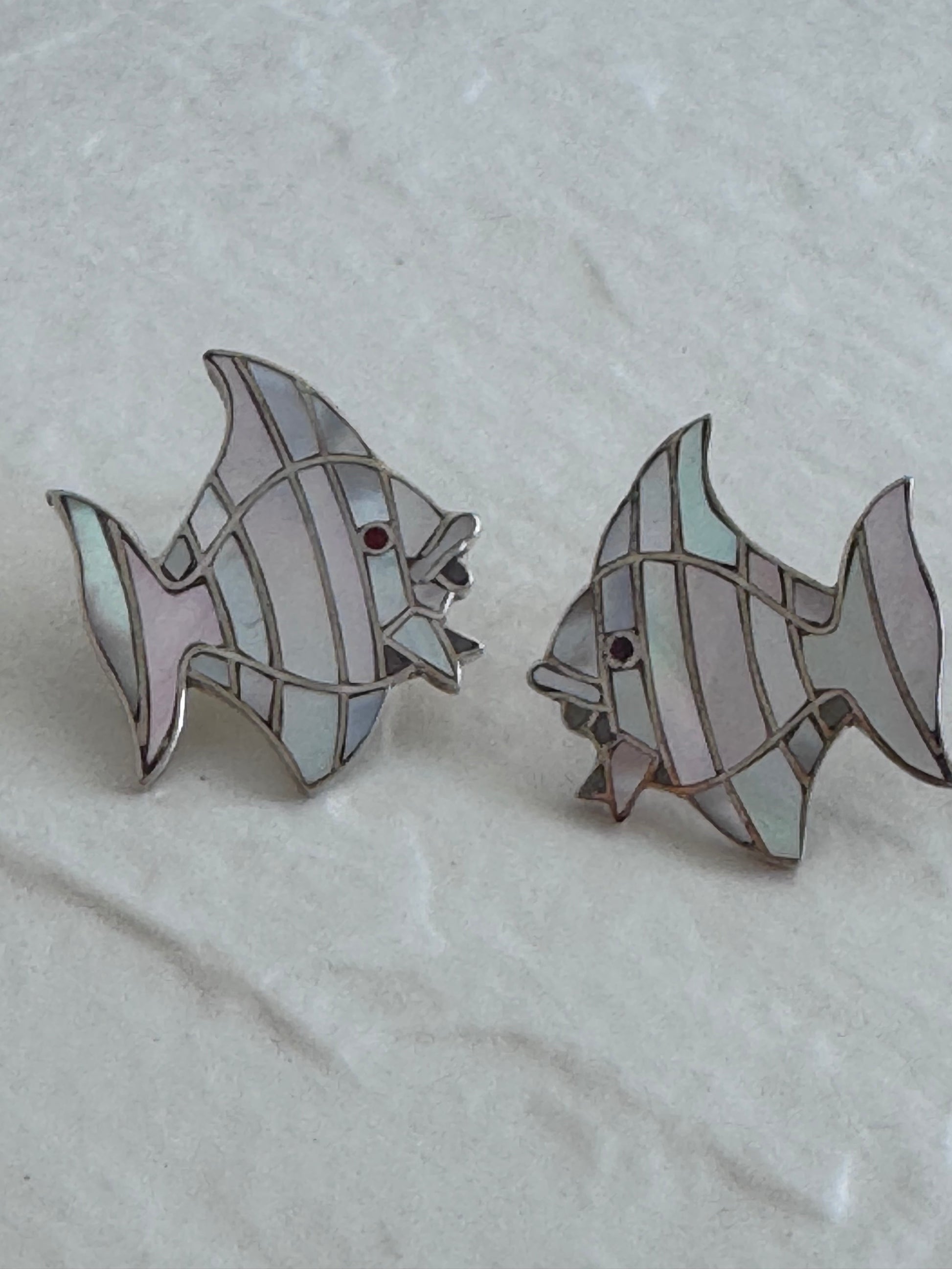 Vintage sterling silver angelfish brooches with mother of pearl mosaic inlay and red accent eyes